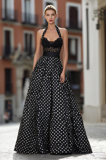 Halter White Black Dots A Line Lace Prom Dress